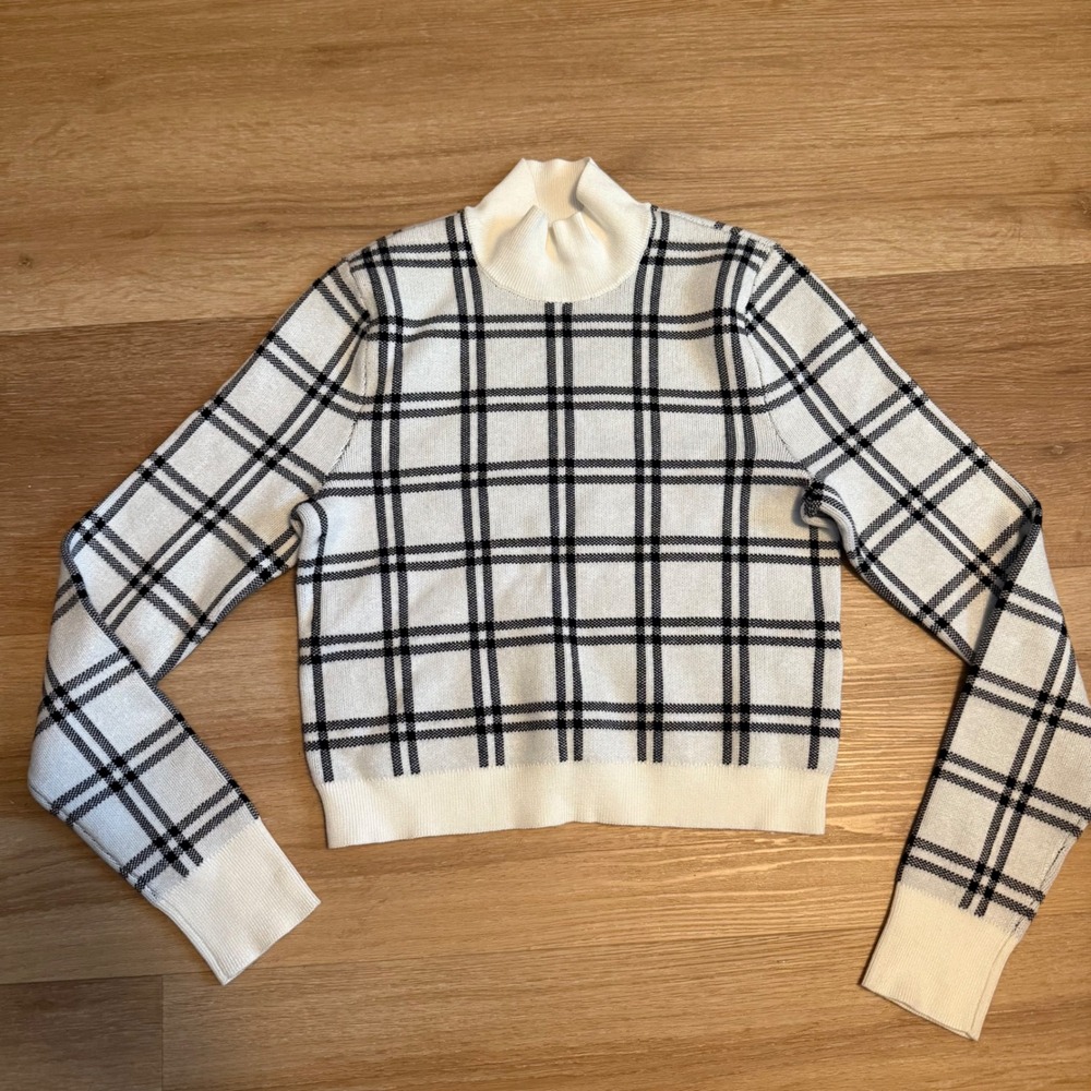 Abercrombie & Fitch Womens White Black Plaid Mock Neck Cropped Sweater Small